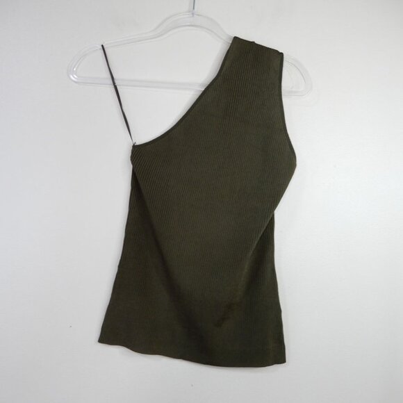 REISS Thea Twist One Shoulder Top Size L Khaki Green Ribbed Stretch NEW $150 - Picture 6 of 8
